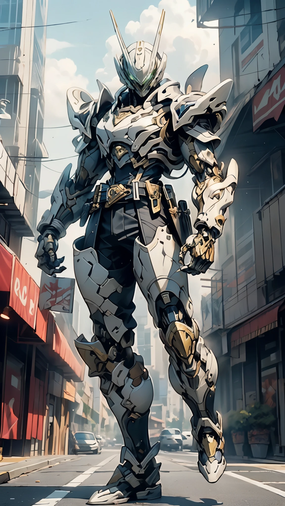 A man wearing a full-face helmet, a fantasy-style biotech armored combat suit, green eyes, (a composite layered chest armor), fully enclosed shoulder guards, matching arm and leg guards, the belt is adorned with cross, (the color scheme is primarily white with golden and blue accents), the design balances heavy with agility, a high-tech bio-mecha armor, (Armor Concept Inspired by Paladin, stand on the top of a skyscraper in a futuristic sci-fi city), this character embodies a finely crafted fantasy-surreal style armored hero in anime style, exquisite and mature manga art style, (battle damage, element, plasma, energy, the armor glows), ((male:1.5)), metallic, real texture material, dramatic, high definition, best quality, highres, ultra-detailed, ultra-fine painting, extremely delicate, professional, perfect body proportions, golden ratio, anatomically correct, symmetrical face, extremely detailed eyes and face, high quality eyes, creativity, RAW p