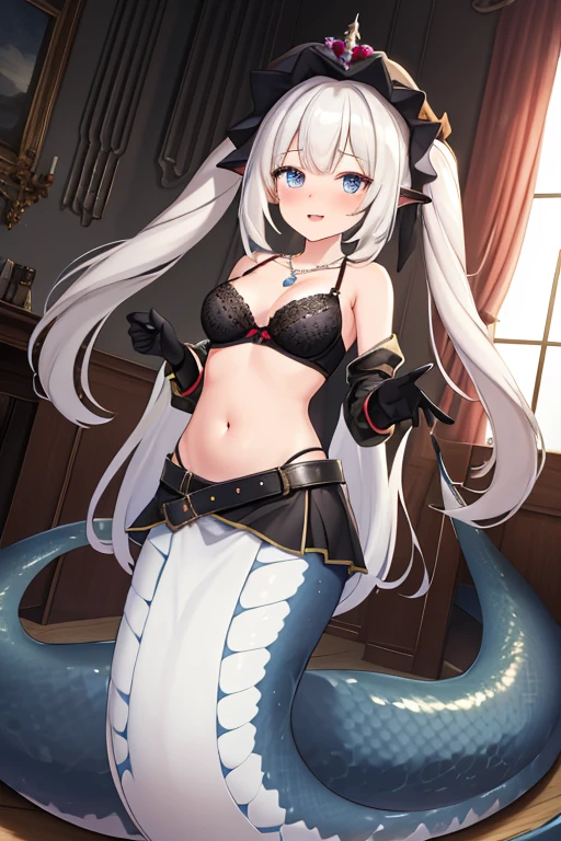 Lamia, long tail lamia, Best quality, 8k, 32k, Masterpiece, high resolution, unity 8k wallpaper, illustration, anime style, perfect lighting, extremely detailed CG, 1girl, solo, marie antoinette, long hair, white hair, twintails, frills, jewelry, necklace, gloves, belt, black gloves, bra, belly, dress, looking at viewer, indoors, standing, throne, evilness,