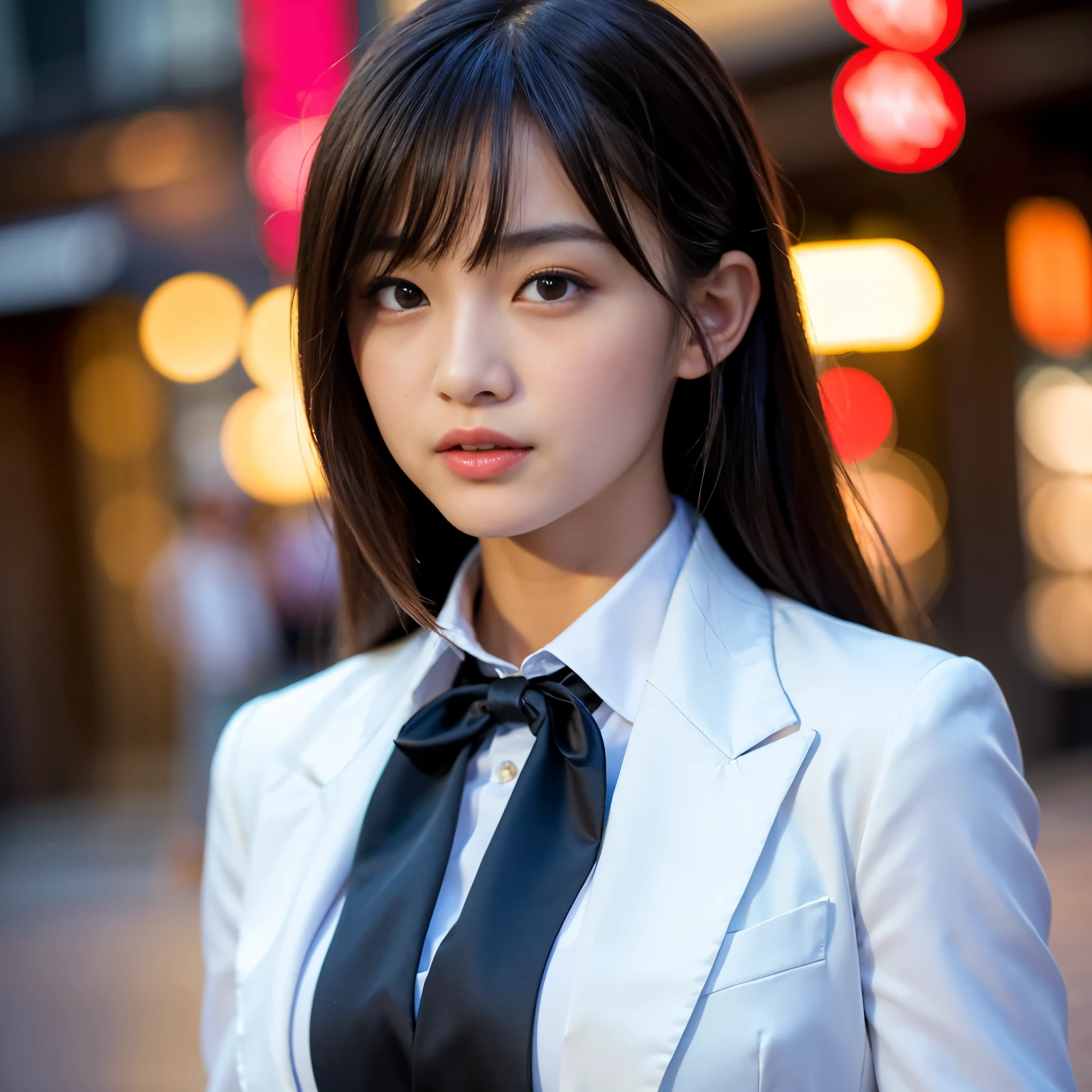 (Best-quality, Masterpiece, Ultra-High-Resolution, (Photorealistic:1.4), Raw Photo, depth of field, professional lighting, perfect anatomy, extremely details), 1girl, 15-years-old, the most famous Japanese idol, portrait, wearing business suit and red tie, extremely cute face like the most popular Japanese idol, extremely beautiful big-black-eyes, extremely beautiful hair, extremely beautiful skins, extremely beautiful long-eyelashes, extremely beautiful lips, looking at viewer, ((feeling very strong sexual arousal and very strong sexual pleasure))