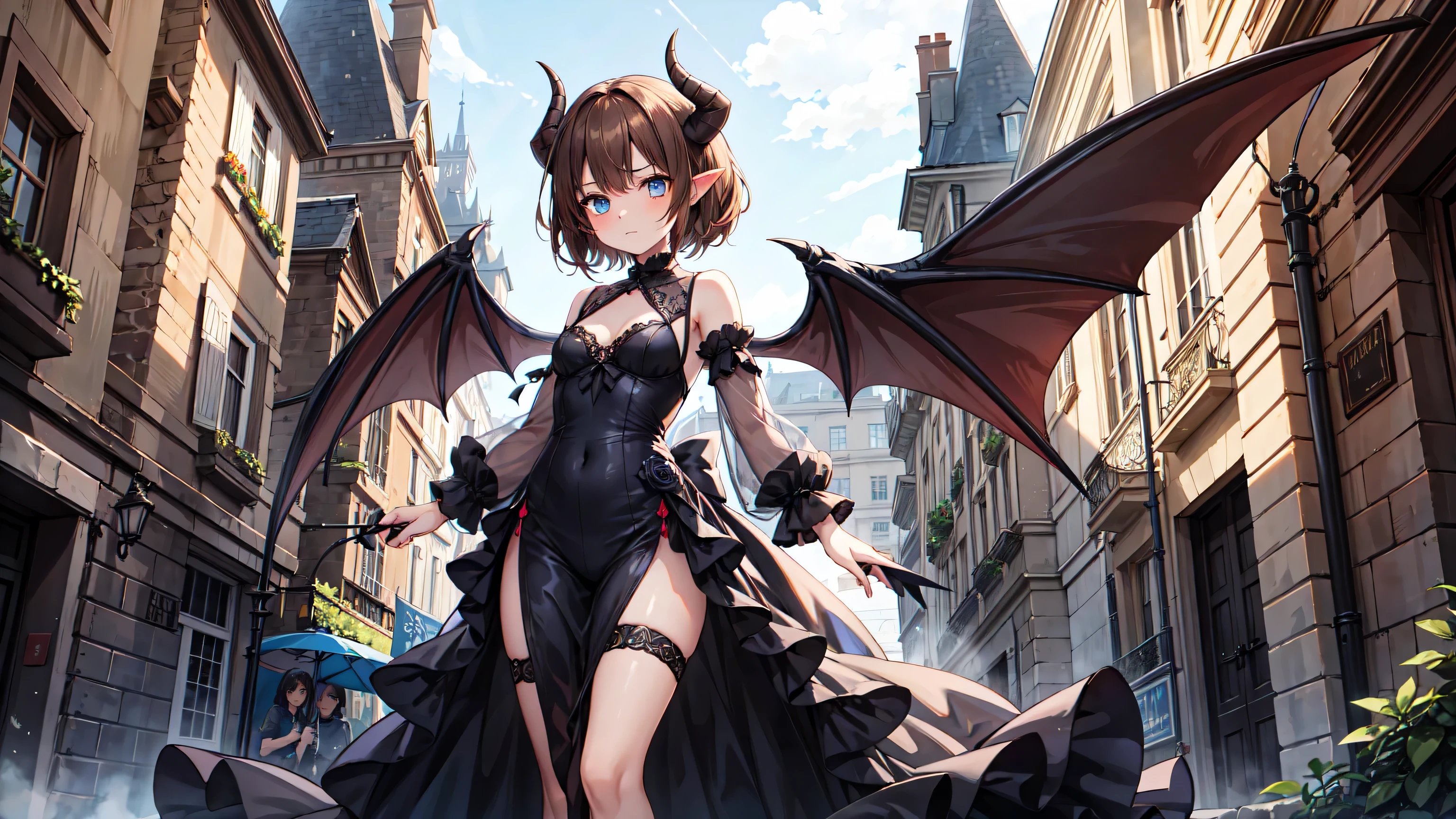 8K, femboy, petit, adult. kawaii vampire, crimson hair, short hair, red eyes, fang, bat wings, smile, (blush), (shy), pointed ears, looking at viewer, dynamic angle, wind, game cg, fantastic scenery, devil tail, demon tail, thin tail, black horns, medium breast, show full body, lingerie, hot springs, yokai, yokai pet, monster, latex, sexy, horny