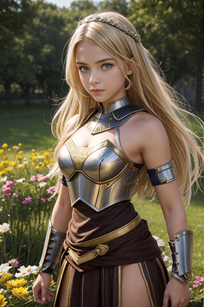teen girl, roman warrior, princess blade , 14 years old, teenager girl, small breasts, mini cropped, valkyrian princess ,blonde, detailed face, beautiful, confiant, background in uk land with flowers