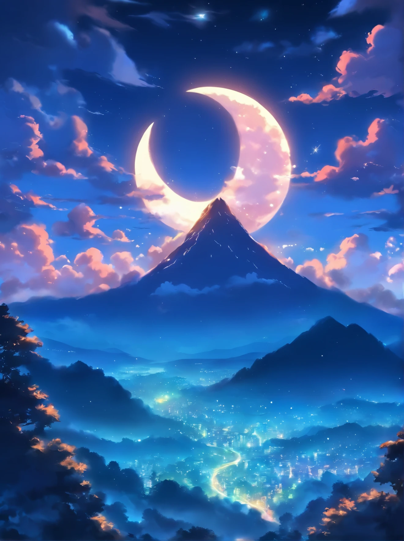 a crescent in the sky with clouds and a mountain in the background, moonlit night dreamy atmosphere, beautiful moonlight night, moonlit night sky, beautiful moonlight, moonlit backdrop, beautiful moon light, moonlit night, crescent moon in background, moonlit nightscape, night sky with moon, nighttime moonlit, moonlit sky, ✨🕌🌙