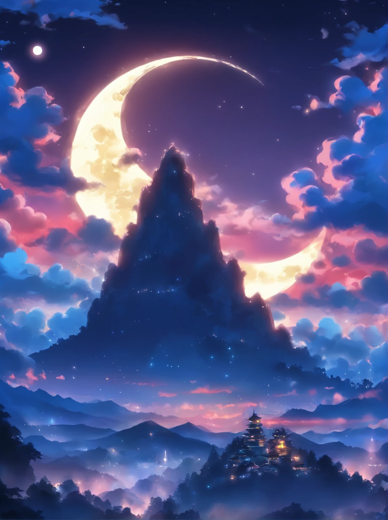 a crescent in the sky with clouds and a mountain in the background, moonlit night dreamy atmosphere, beautiful moonlight night, moonlit night sky, beautiful moonlight, moonlit backdrop, beautiful moon light, moonlit night, crescent moon in background, moonlit nightscape, night sky with moon, nighttime moonlit, moonlit sky, ✨🕌🌙
