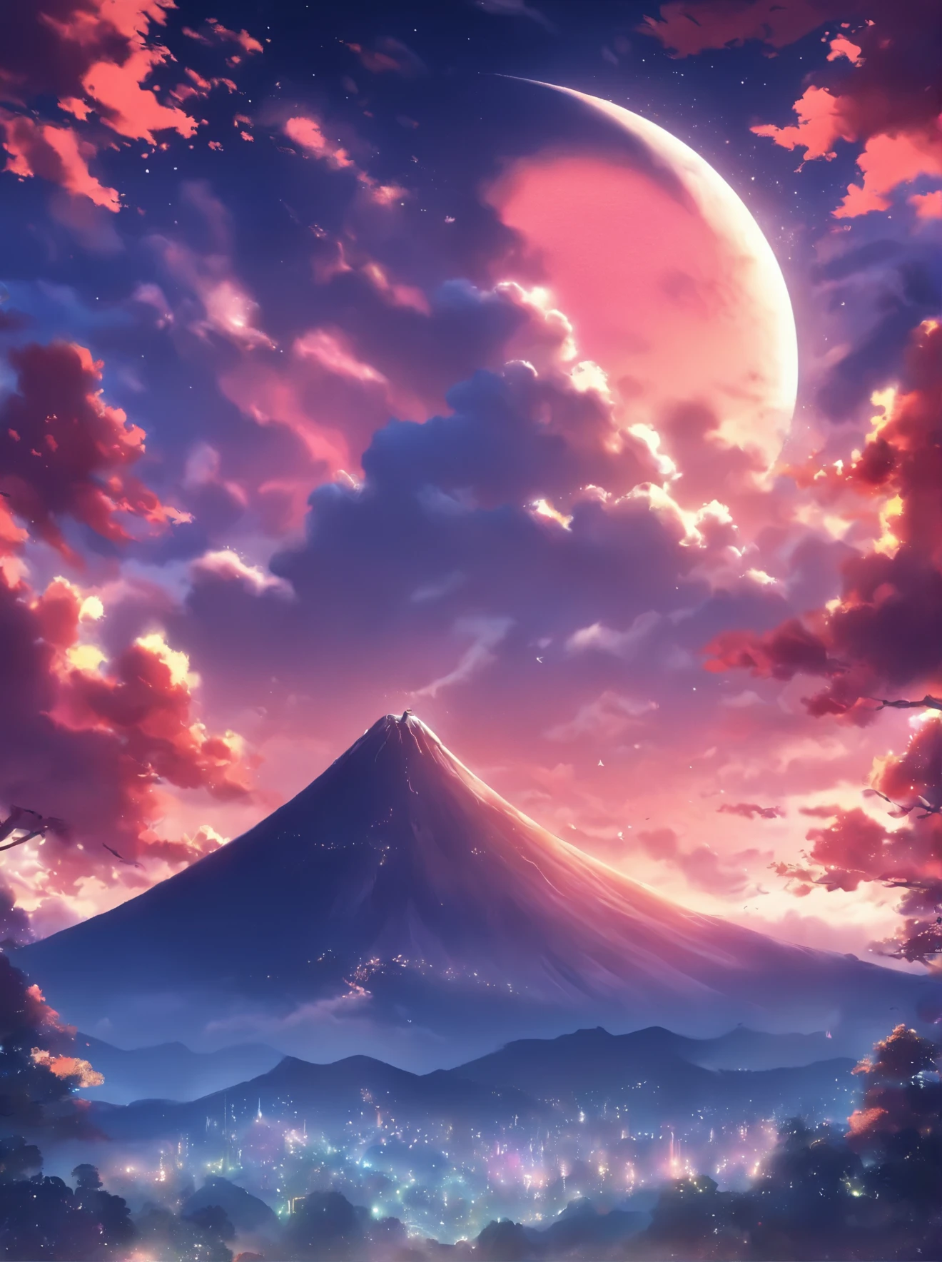 a crescent in the sky with clouds and a mountain in the background, a matte painting by Muggur, flickr, hurufiyya, moonlit night dreamy atmosphere, beautiful moonlight night, moonlit night sky, beautiful moonlight, moonlit backdrop, beautiful moon light, moonlit night, crescent moon in background, moonlit nightscape, night sky with moon