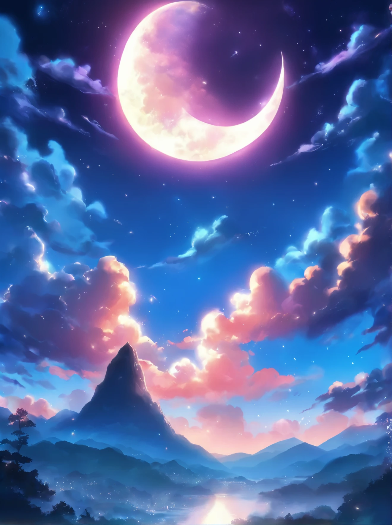 a crescent in the sky with clouds and a mountain in the background, a matte painting by Muggur, flickr, hurufiyya, moonlit night dreamy atmosphere, beautiful moonlight night, moonlit night sky, beautiful moonlight, moonlit backdrop, beautiful moon light, moonlit night, crescent moon in background, moonlit nightscape, night sky with moon