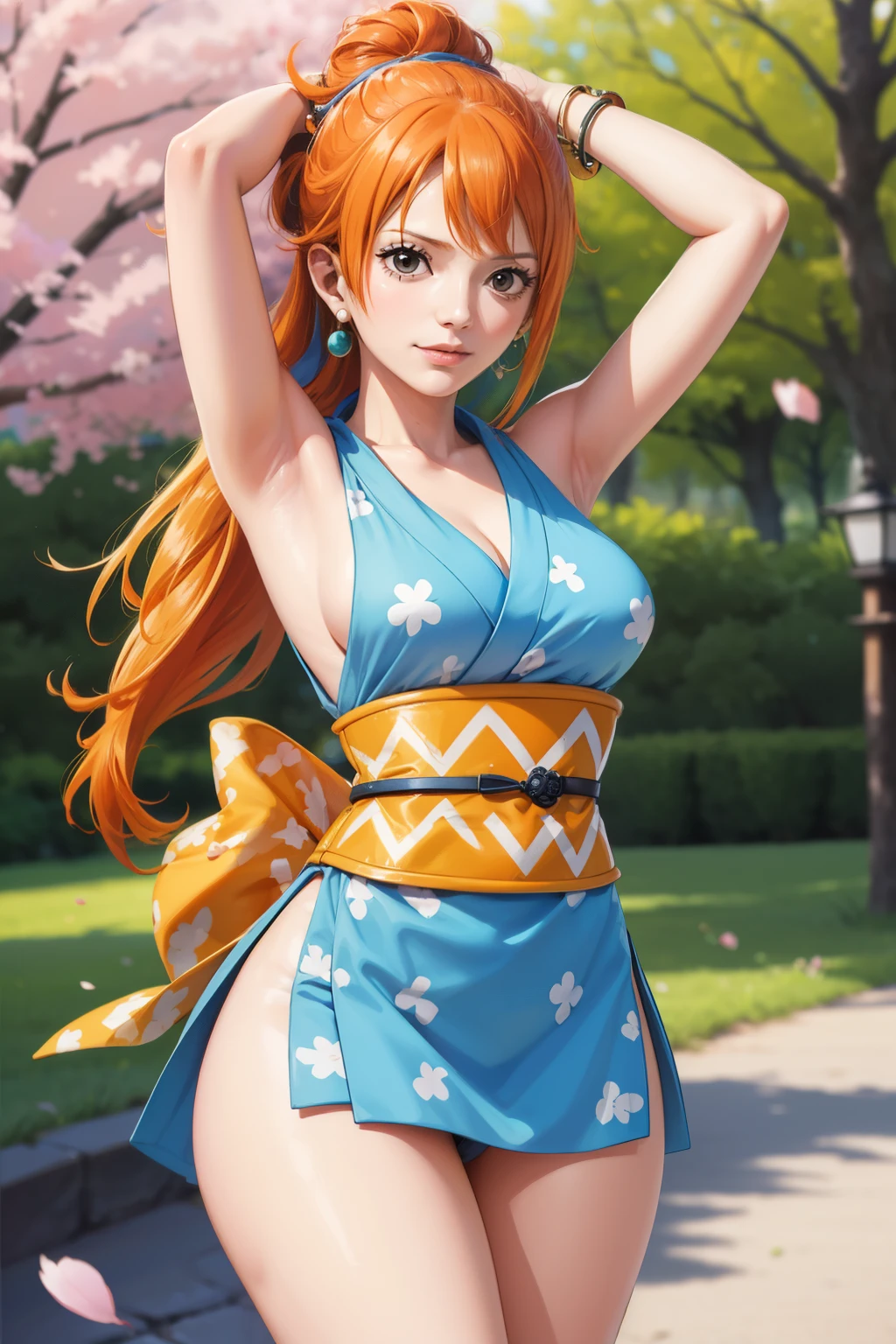 NamiFinal, Nami from the anime One Piece, orange hair, bangs, hair in a bun, beautiful, beautiful woman, perfect body, perfect breasts, wearing a kimono, wearing earrings, wearing a watch, in the park, cherry tree, traditional house japan, looking at viewer, slight smile, realism, masterpiece, textured leather, super detail, high detail, high quality, best quality, 1080p, 16k