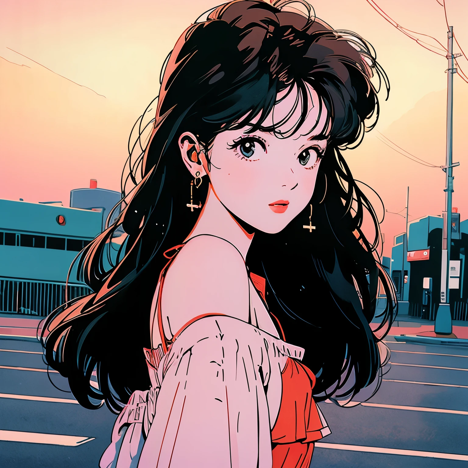 whole body, Upper Body、One beautiful woman, 4k,camisole、pedestrian crossing、Signal 、intersection、Complex background、Black Hair、Unique hairstyle、Detailed Hair、Sunset