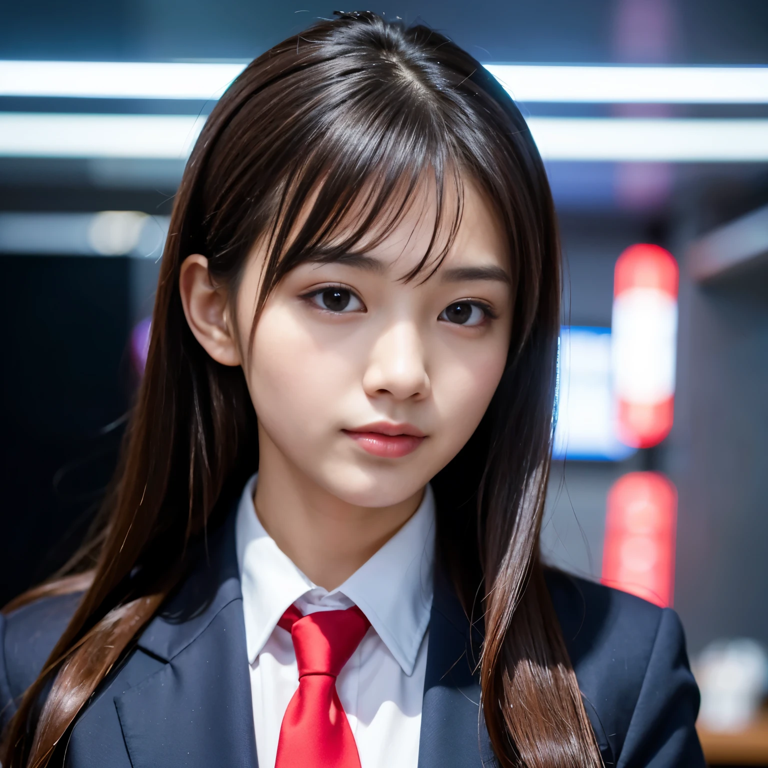 (Best-quality, Masterpiece, Ultra-High-Resolution, (Photorealistic:1.4), Raw Photo, depth of field, professional lighting, perfect anatomy, extremely details), 1girl, 15-years-old, the most famous Japanese idol, portrait, at office, wearing business suit and red tie, extremely cute face like the most popular Japanese idol, extremely beautiful big-black-eyes, extremely beautiful hair, extremely beautiful skins, extremely beautiful long-eyelashes, extremely beautiful lips, looking at viewer, ((feeling very strong sexual arousal and very strong sexual pleasure)), detailed office, detailed business-suit, detailed red-tie