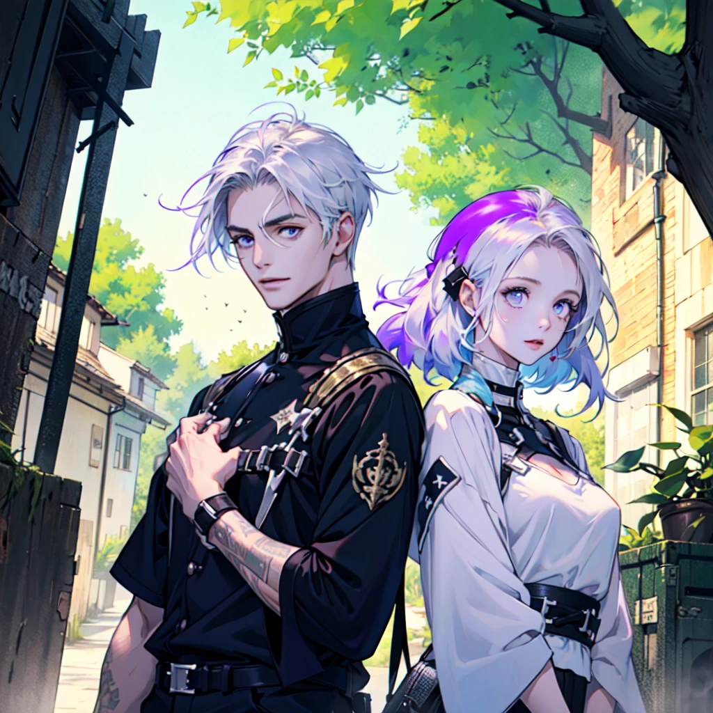 Disorganized、Man and woman couple、highest quality、Masterpiece、Official Art、16K、The best composition、The best light source、The girl has milky white hair with purple inner color, twin long braids, and black clothes in a cyberpunk style.、The man has milky white short hair and a cyberpunk look in white and light blue.、A kind smile、They are smiling happily with their foreheads pressed together、The glitter of sunlight filtering through the trees、