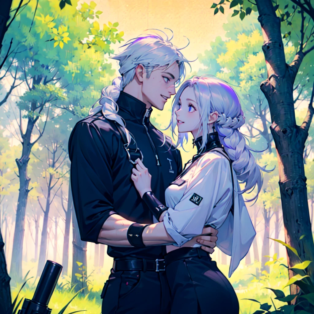 Disorganized、Man and woman couple、highest quality、Masterpiece、Official Art、16K、The best composition、The best light source、The girl has milky white hair with purple inner color, twin long braids, and black clothes in a cyberpunk style.、The man has milky white short hair and a cyberpunk look in white and light blue.、A kind smile、They are smiling happily with their foreheads pressed together、The glitter of sunlight filtering through the trees、