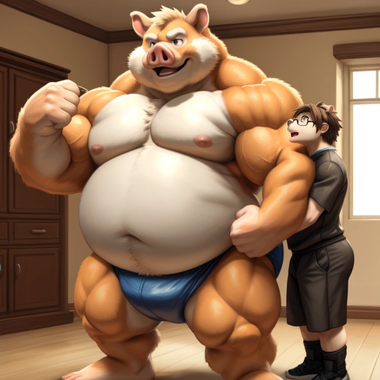 ((Masterpiece)),((Hight quality)),((Hught Detailed)),((Realistic,)) Anime Artistic masterpiece art, Concept anime art, Obese Nerd Pig, He is a Kid, He is a very Obese and very muscular beast, He wants to train and get bigger and stronger to become a huge sumo wrestler, He is standing in his room doing power poses so she can see his entire body and admiring how big he is.