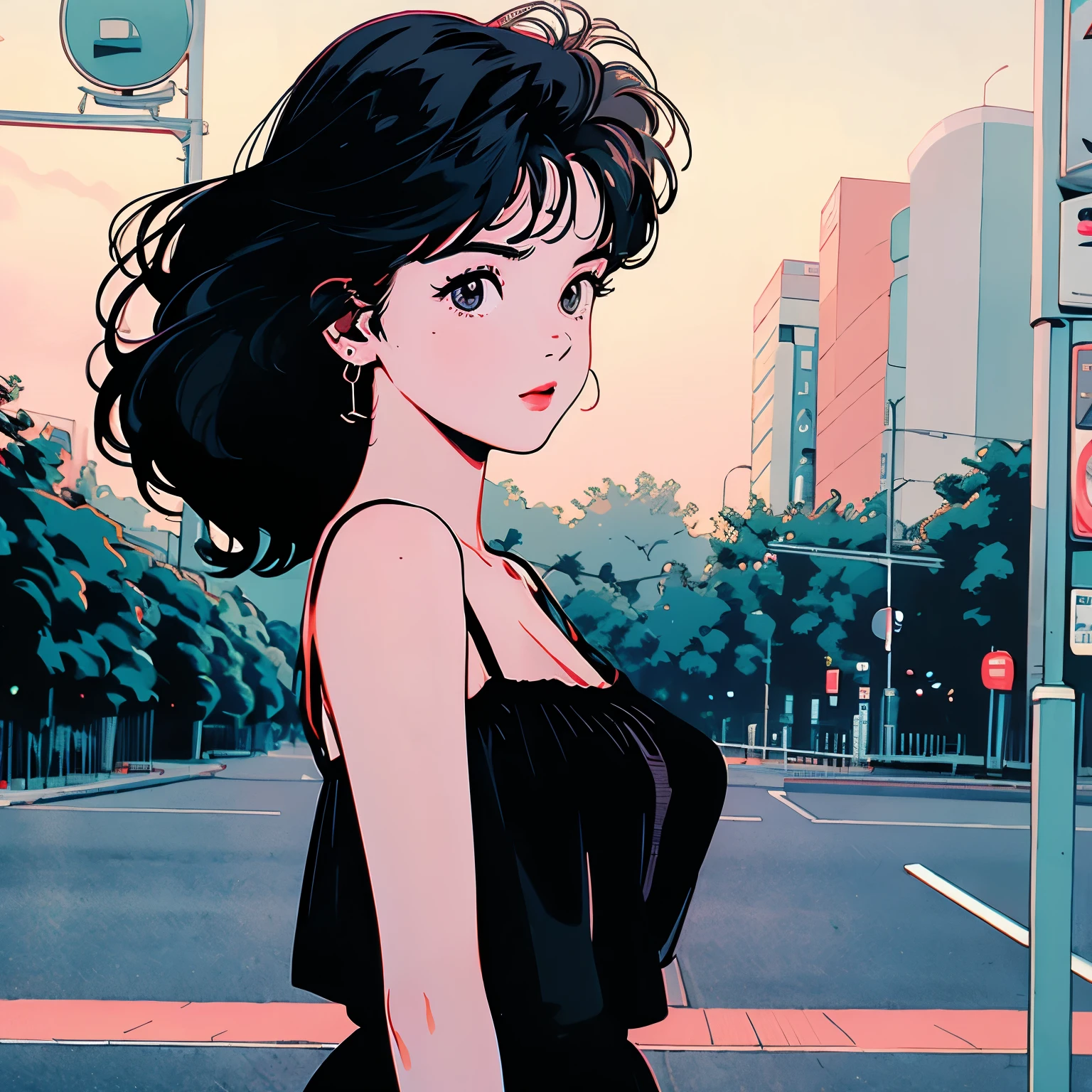 whole body, Upper Body、One beautiful woman, 4k,camisole、pedestrian crossing、Signal 、intersection、Complex background、Black Hair、Detailed Hair