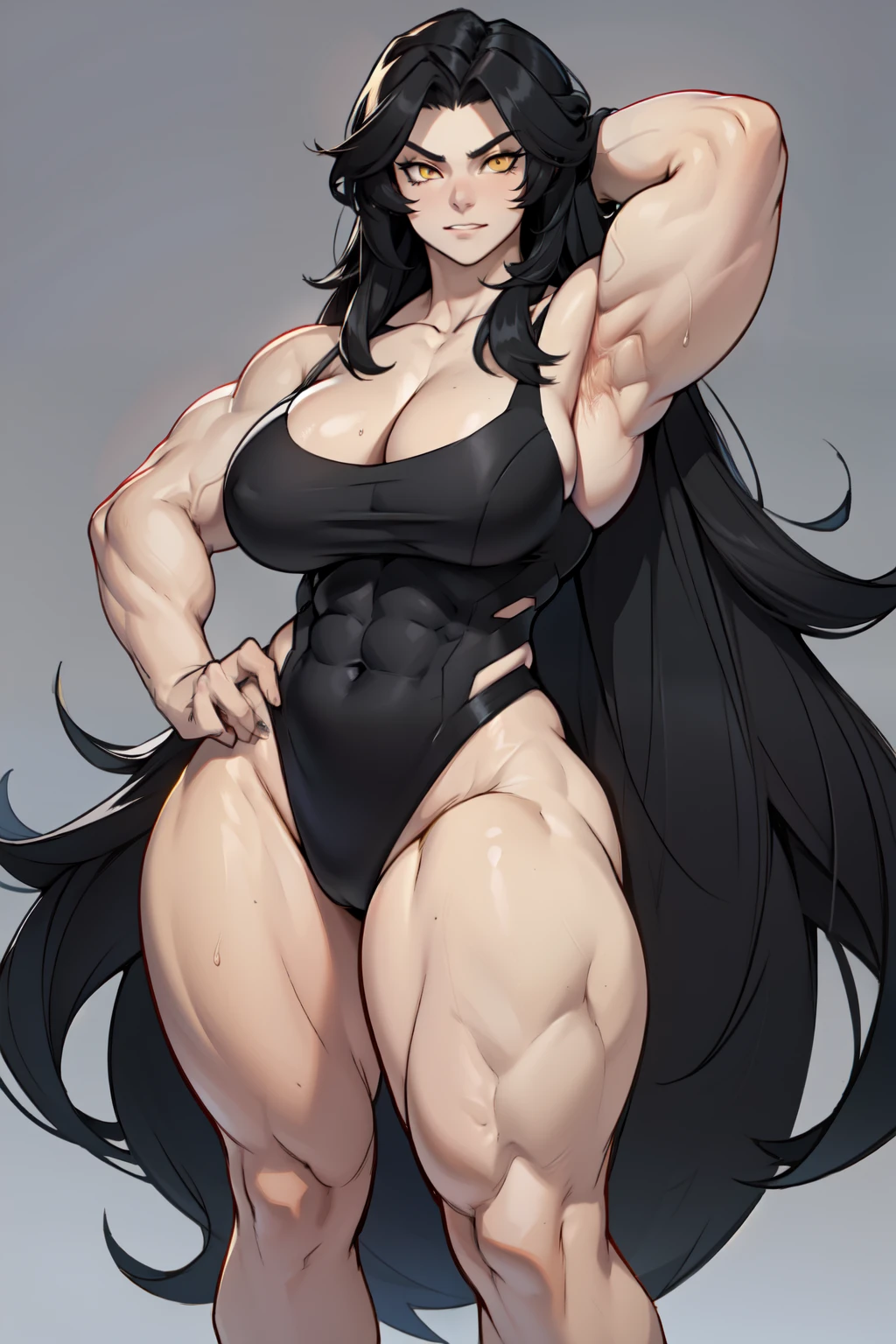 (((muscular girl))) huge breasts grey background black hair very long hair yellow eyes pale skin (seductive expression)