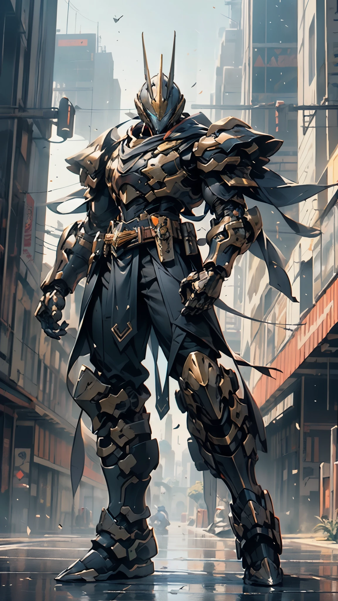 A man wearing a full-face helmet, a fantasy-style biotech armored combat suit, green eyes, (a composite layered armor), fully enclosed shoulder guards, matching arm and leg guards, the belt is adorned with cross, (the color scheme is primarily white with golden and blue accents), the design balances heavy with agility, a high-tech bio-mecha armor, (Armor Concept Inspired by Paladin, stand on the top of a skyscraper in a futuristic sci-fi city), this character embodies a finely crafted fantasy-surreal style armored hero in anime style, exquisite and mature manga art style, (battle damage, element, plasma, energy, the armor glows), ((male:1.5)), metallic, real texture material, dramatic, high definition, best quality, highres, ultra-detailed, ultra-fine painting, extremely delicate, professional, perfect body proportions, golden ratio, anatomically correct, symmetrical face, extremely detailed eyes and face, high quality eyes, creativity, RAW p