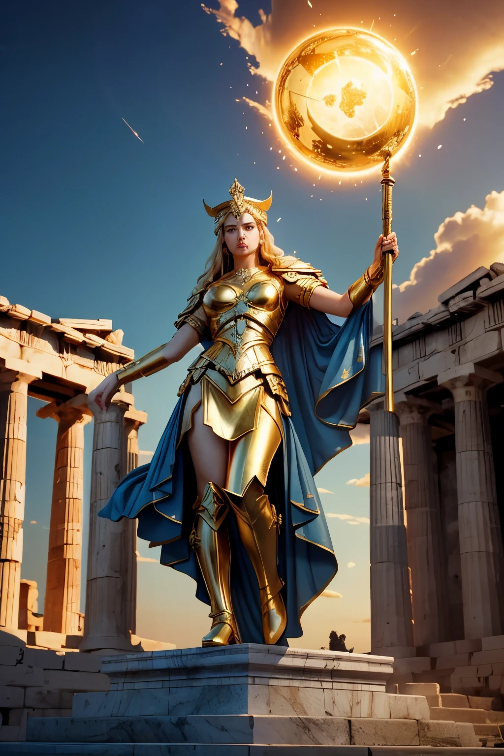 High-resolution Masterpiece: 1.3, Greek Mythology Scene, Goddess Athena, Parthenon Backdrop, Detailed Attire, Golden Armor, Shield and Helmet, Owl Perched, Realistic, 1goddess, Poseidon's Trident, Zeus' Thunderbolt, Mount Olympus, Mythical Clouds, Ancient Greece, Detailed Architecture, Parthenon, Acropolis, Atmosphere Effects, Golden Sunset, Goddess in Action, Swirling Cloak, Glowing Aura, Majestic, Epic.

3D Octane rendering, ray tracing, super detailing view