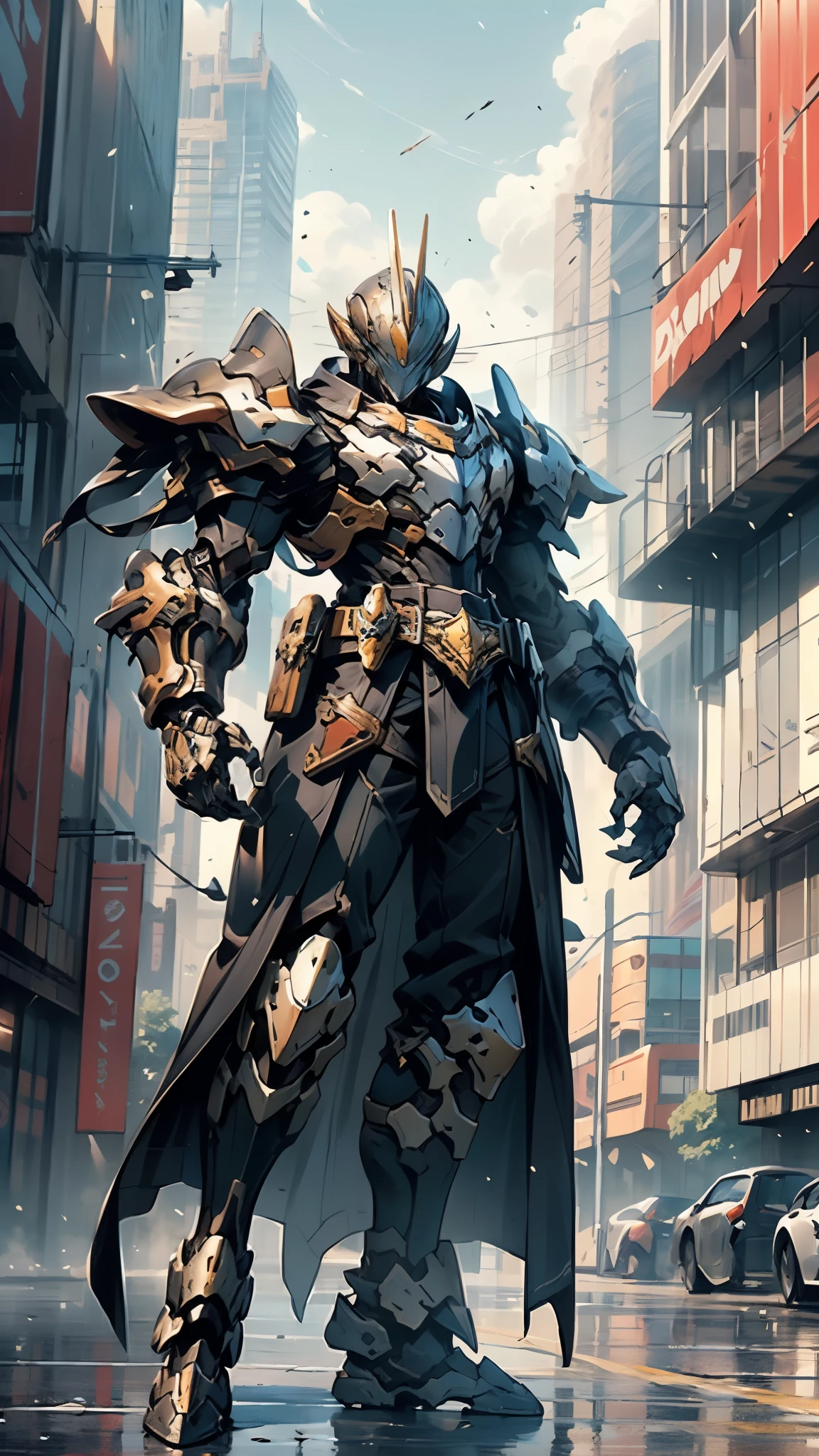 A man wearing a full-face helmet, a fantasy-style biotech armored combat suit, green eyes, (a composite layered chest armor), fully enclosed shoulder guards, matching arm and leg guards, the belt is adorned with cross, (the color scheme is primarily white with golden and blue accents), the design balances heavy with agility, a high-tech bio-mecha armor, (Armor Concept Inspired by Paladin, stand on the top of a skyscraper in a futuristic sci-fi city), this character embodies a finely crafted fantasy-surreal style armored hero in anime style, exquisite and mature manga art style, (battle damage, element, plasma, energy, the armor glows), ((male:1.5)), metallic, real texture material, dramatic, high definition, best quality, highres, ultra-detailed, ultra-fine painting, extremely delicate, professional, perfect body proportions, golden ratio, anatomically correct, symmetrical face, extremely detailed eyes and face, high quality eyes, creativity, RAW p