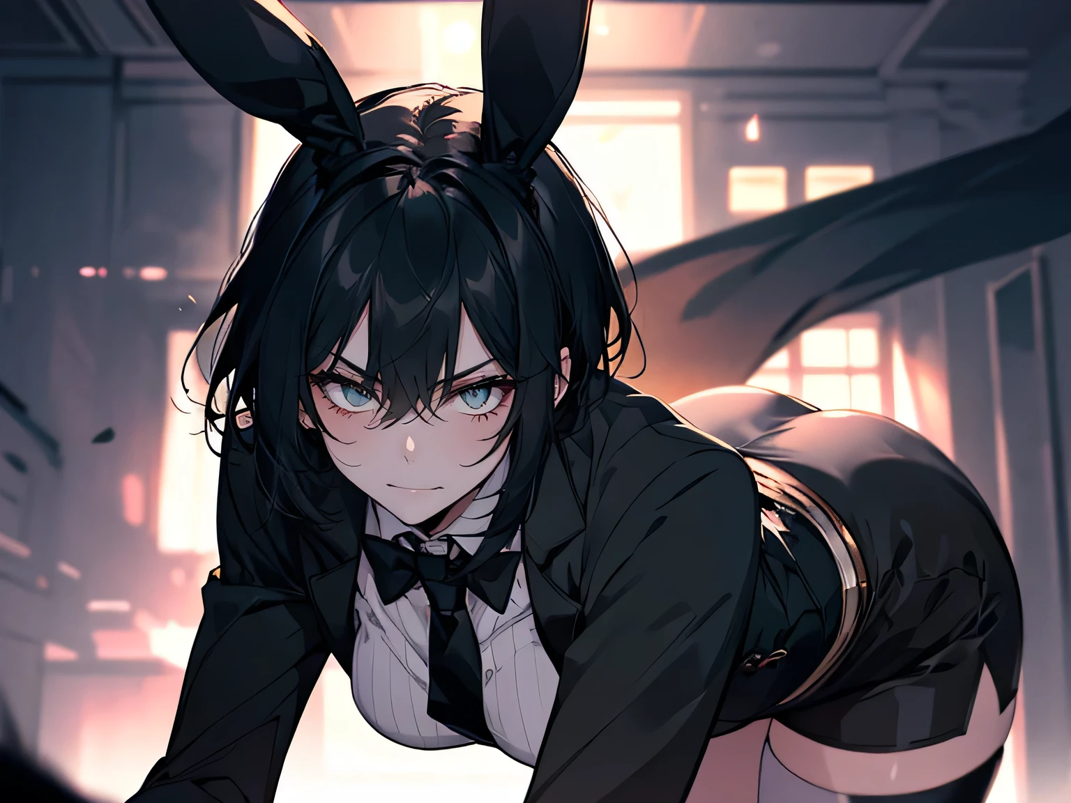 1female, teacher, wearing a black suit, white tie, bootyshorts, Thicc, black hair, short hair, black bunny ears, glowing white eyes, face to detail, detailed eyes, the background is a dark place, angry, showing her fangs, Close up. 