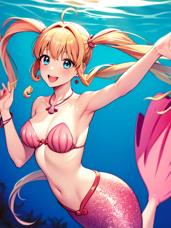 masterpiece, best quality, highres, hmnl, mermaid, twintails, blue eyes, long hair, ahoge, hair ornament, jewelry, pink mermaid, shell bikini, bracelet, earrings, shell necklace, underwater, ocean, smile, cowboy shot, reaching out, open mouth,