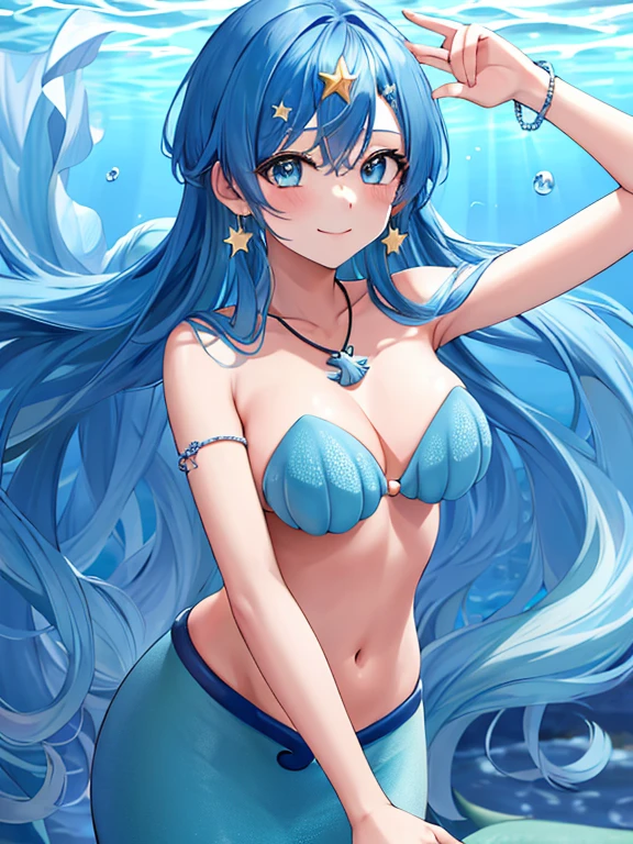 masterpiece, best quality, highres, ho1, blue hair, long hair, star (symbol), necklace, earrings, star hair ornament, mermaid, shell bikini, bracelet, underwater, smile, reaching out, spread arms,