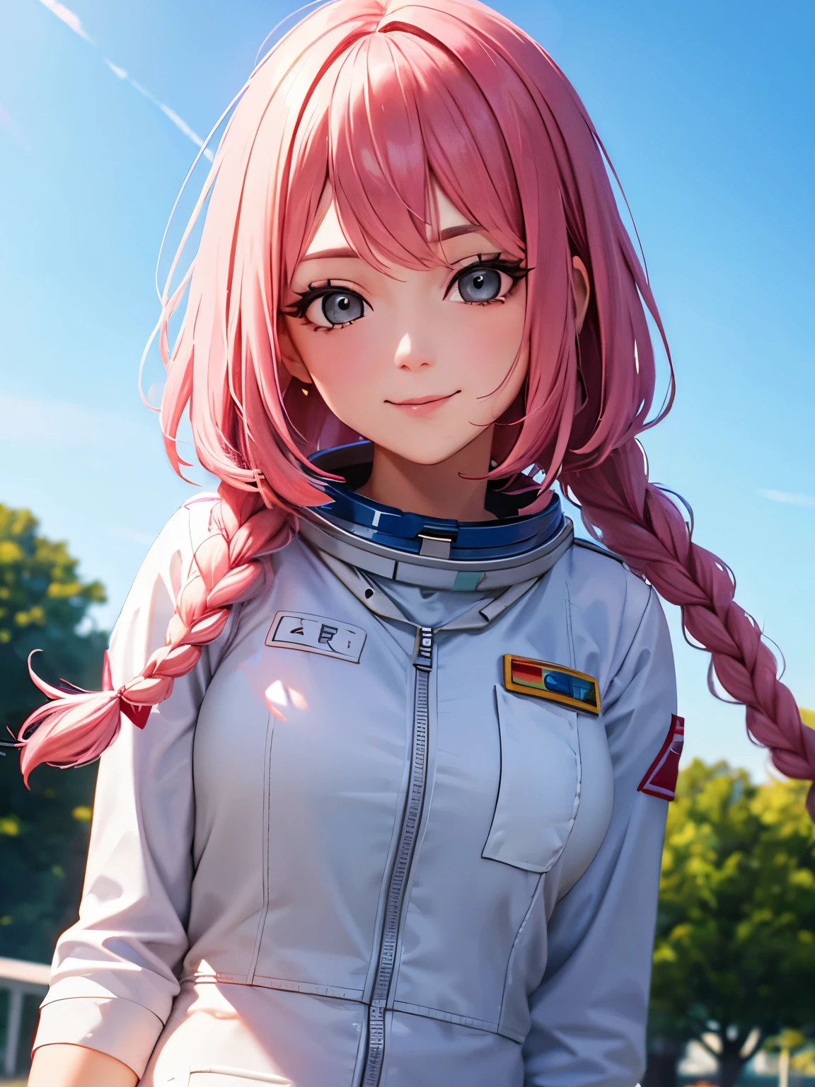 1 adult woman,29 years old,Pink hair,standing,Astronaut uniform , half body,close up photo, two braids,bangs,grey eyes,smile,In the park