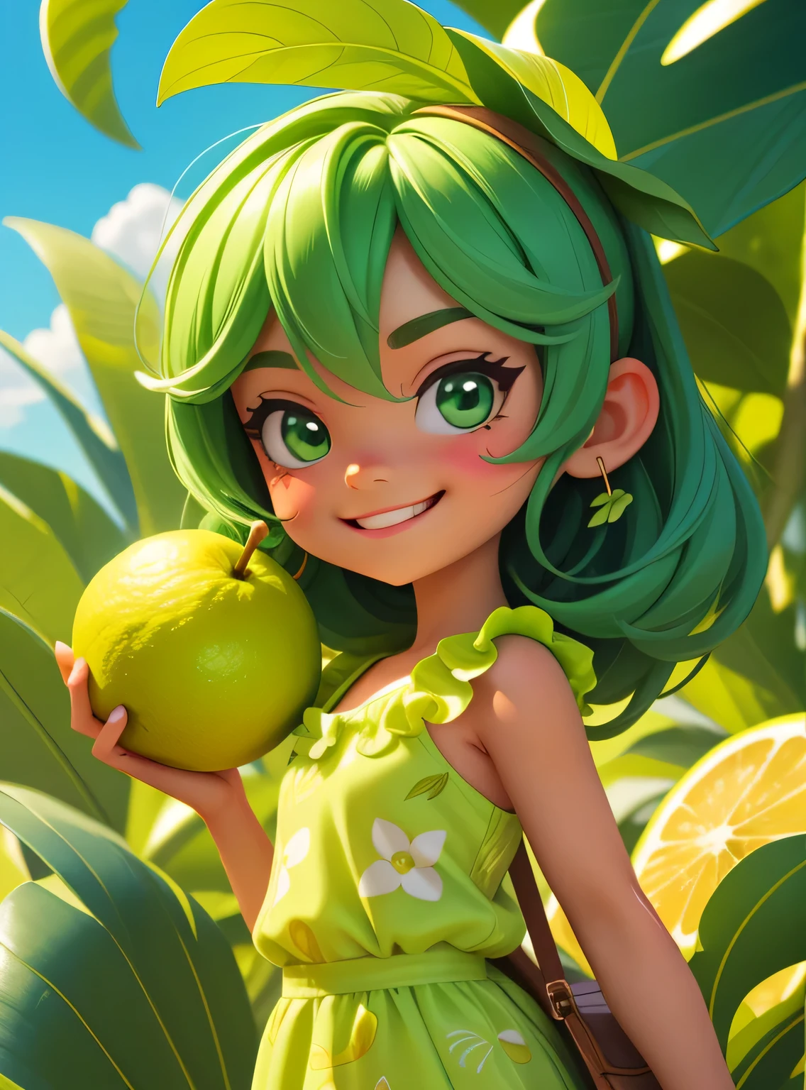 A smiling lime with cute leaves and a friendly expression sticker, with a tahitian lemon fruit in hand :: Frutado e gentil :: Light green and dark green colors with cute expressions :: Adesivo 2D