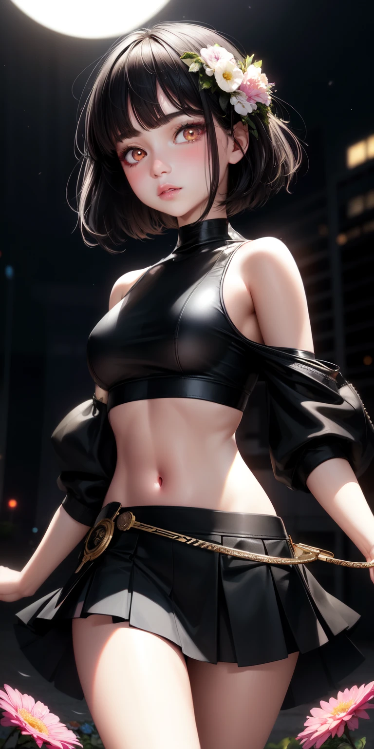 realistic, 1girl, black hair, spiral eyes, glowing eyes, crop top, skirt, parted lips, blush, night, flowers, sun, sunlight, short hair,