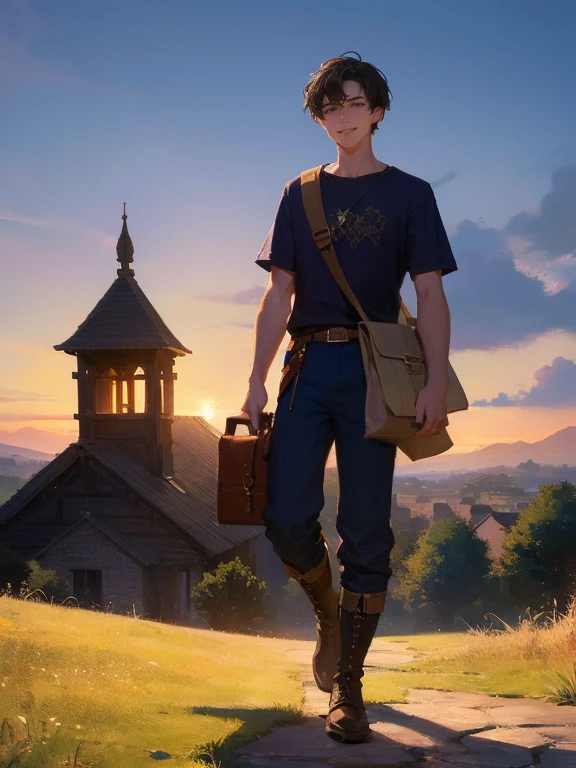 masterpiece, best quality, rpg character art, epic fantasy art style, 1 man, Aldric, 18 year old man, youthful appearance, skinny, normal build, smiling and waving to villagers, full body fantasy concept art, short dark black hair, black eyes, high detail, (common clothes, plain light brown short sleeve shirt, dark blue pants, black boots, small bag strapped across his chest), intricate details, ultra high resolution, sharp focus, HD, 8k, clear facial features, clear details, background is a vibrant village full of villagers, zoomed out view, looking away from viewer and at villagers