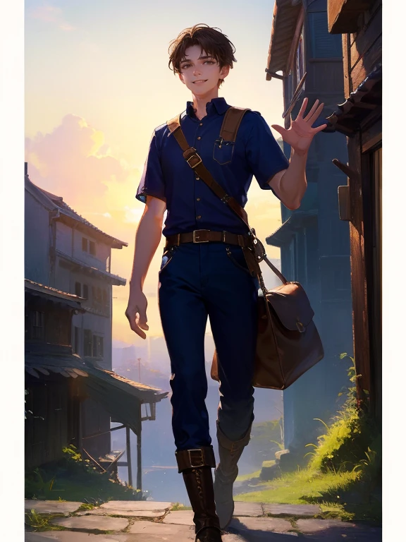 masterpiece, best quality, rpg character art, epic fantasy art style, 1 man, Aldric, 18 year old man, youthful appearance, skinny, normal build, smiling and waving to villagers, full body fantasy concept art, short dark black hair, black eyes, high detail, (common clothes, plain light brown short sleeve shirt, dark blue pants, black boots, small bag strapped across his chest), intricate details, ultra high resolution, sharp focus, HD, 8k, clear facial features, clear details, background is a vibrant village full of villagers, zoomed out view, looking away from viewer and at villagers