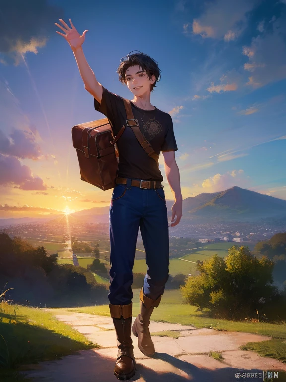 masterpiece, best quality, rpg character art, epic fantasy art style, 1 man, Aldric, 18 year old man, youthful appearance, skinny, normal build, smiling and waving to villagers, full body fantasy concept art, short dark black hair, black eyes, high detail, (common clothes, plain light brown short sleeve shirt, dark blue pants, black boots, small bag strapped across his chest), intricate details, ultra high resolution, sharp focus, HD, 8k, clear facial features, clear details, background is a vibrant village full of villagers, zoomed out view, looking away from viewer and at villagers