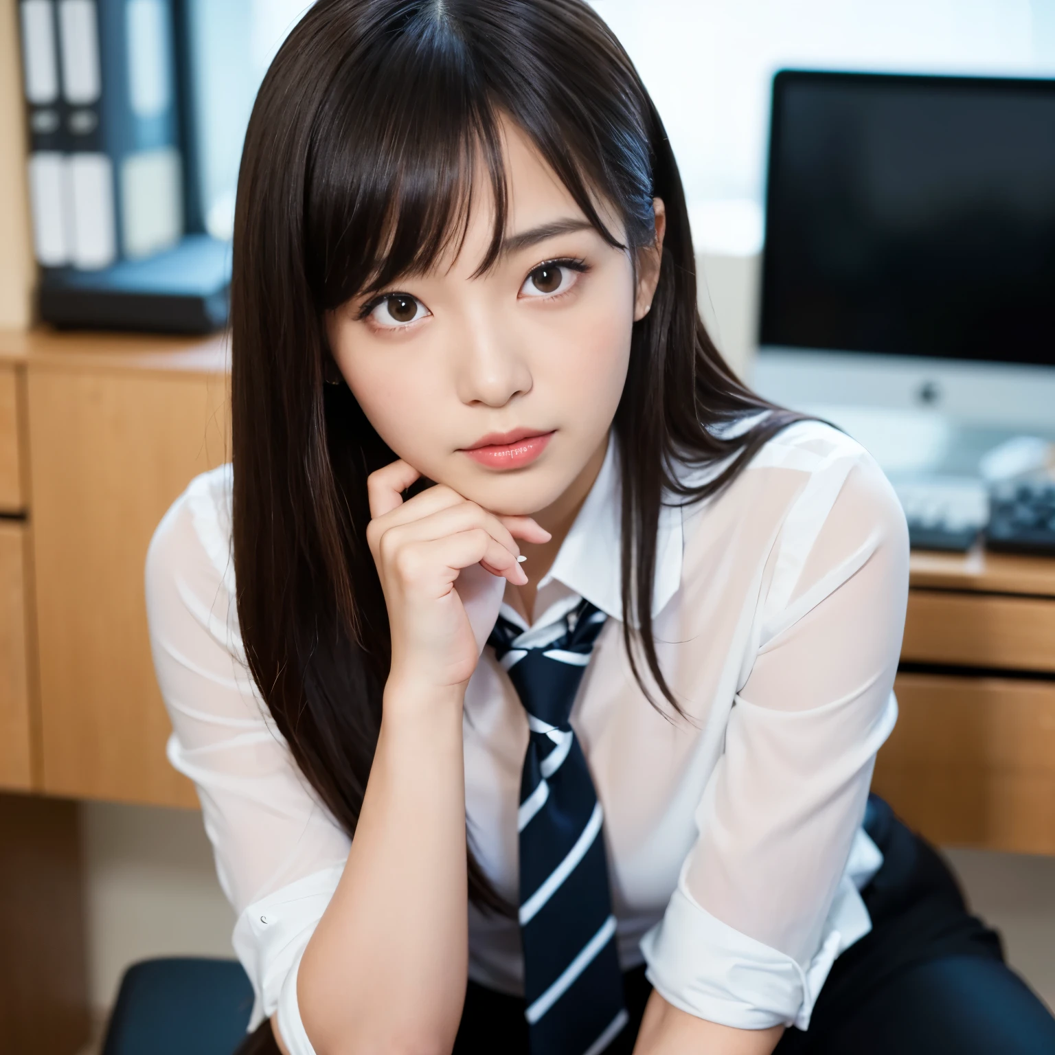 (Best-quality, Masterpiece, Ultra-High-Resolution, (Photorealistic:1.4), Raw Photo, depth of field, professional lighting, perfect anatomy, extremely details), 1girl, -yeld, thost famous Japanese idol, portrait, sitting on business chair at office, wearing business suit and red tie, extremely cute face like the most popular Japanese idol, extremely beautiful big-black-eyes, extremely beautiful hair, extremely beautiful skins, extremely beautiful long-eyelashes, extremely beautiful lips, looking at viewer, ((feeling very strong sexual arousal and very strong sexual pleasure)), detailed office, detailed business-suit, detailed red-tie, detailed business-chair