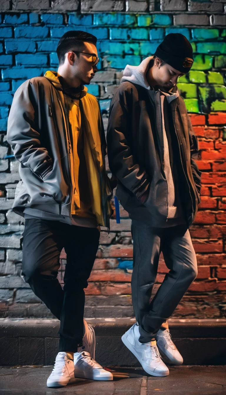 (two using street casual clothes for him),
city at night,
smoth colors,
smoth light,
dark grey color grading,
casual shoes match colors,
casual watch,
wet street,
sub urban street,
walls made with bricks,
graffiti,