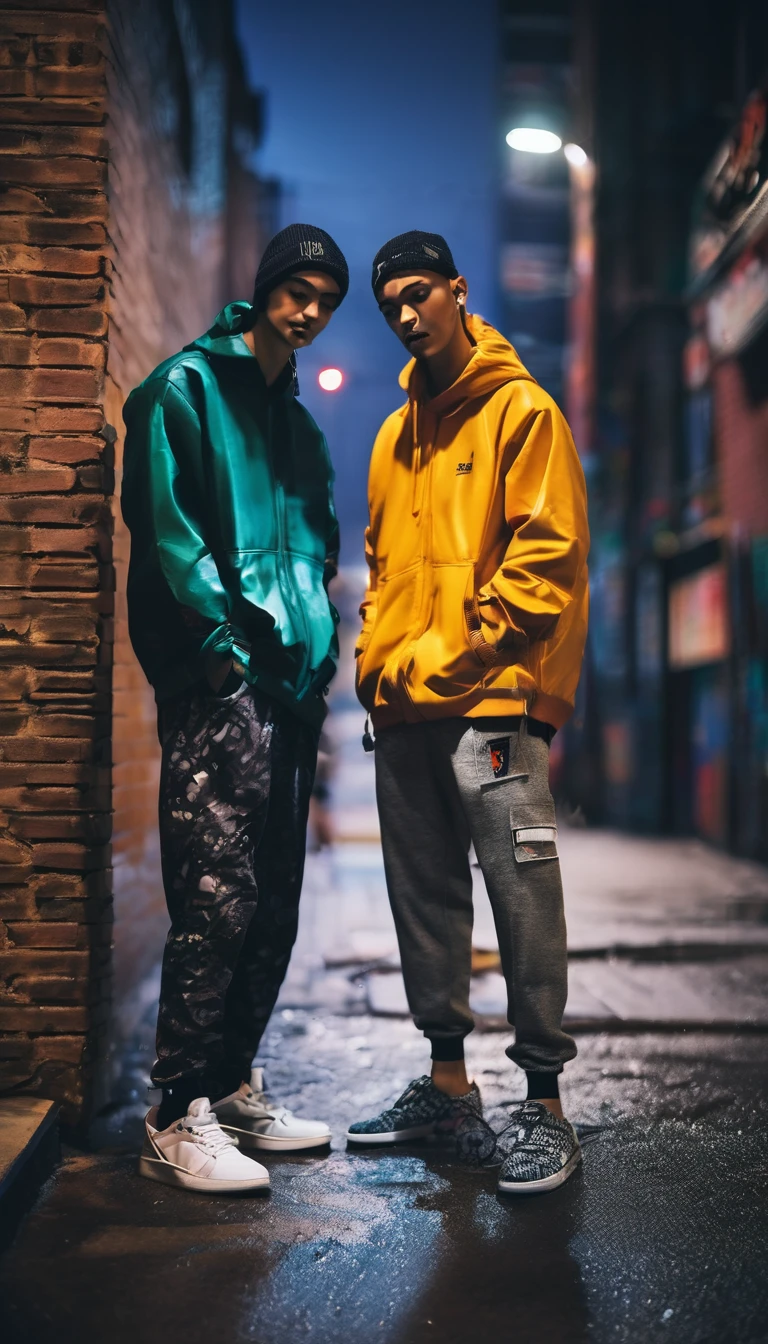 (two using street casual clothes for him),
city at night,
smoth colors,
smoth light,
dark grey color grading,
casual shoes match colors,
casual watch,
wet street,
sub urban street,
walls made with bricks,
graffiti,