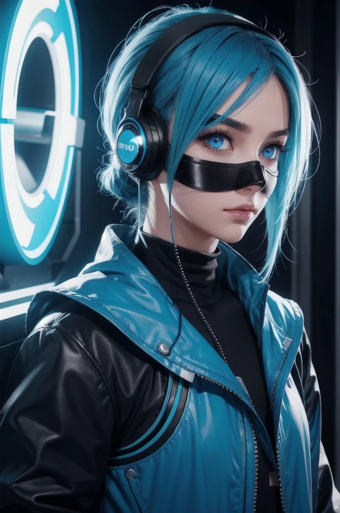 Girl with blue hair, blue eyes, futuristic vibe, Wear a mask on your mouth, earphone, 8K, high quality, Simple background, Glowing eyes, Beautiful posture