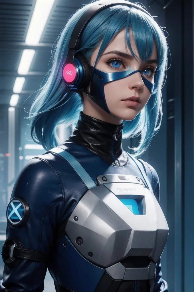 Girl with blue hair, blue eyes, futuristic vibe, Wear a mask on your mouth, earphone, 8K, high quality, Simple background, Glowing eyes, Beautiful posture