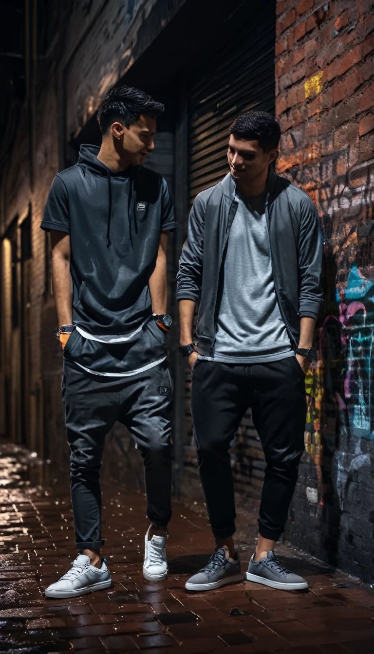 (two using street casual clothes for him),
city at night,
smoth colors,
smoth light,
dark grey color grading,
casual shoes match colors,
casual watch,
wet street,
sub urban street,
walls made with bricks,
graffiti,