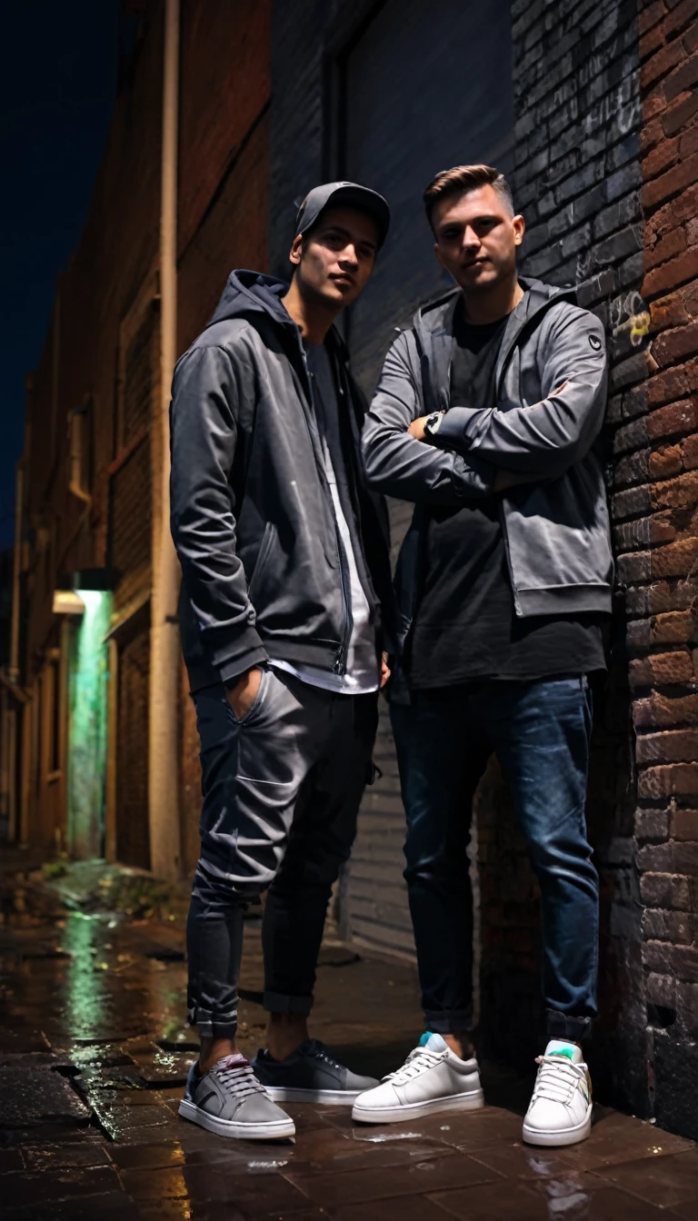 (two using street casual clothes for him),
city at night,
smoth colors,
smoth light,
dark grey color grading,
casual shoes match colors,
casual watch,
wet street,
sub urban street,
walls made with bricks,
graffiti,