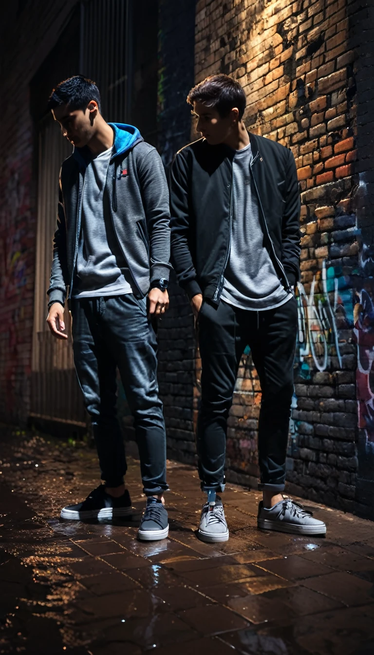 (two using street casual clothes for him),
city at night,
smoth colors,
smoth light,
dark grey color grading,
casual shoes match colors,
casual watch,
wet street,
sub urban street,
walls made with bricks,
graffiti,