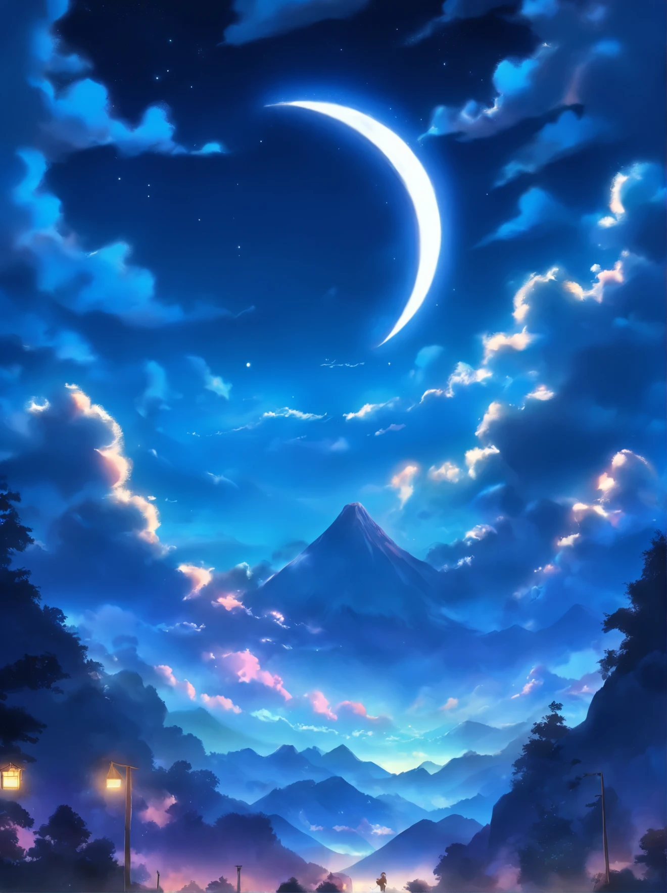 a crescent in the sky with clouds and a mountain in the background, moonlit night dreamy atmosphere, beautiful moonlight night, moonlit night sky, beautiful moonlight, moonlit backdrop, beautiful moon light, moonlit night, crescent moon in background, moonlit nightscape, night sky with moon, nighttime moonlit, moonlit sky, ✨🕌🌙