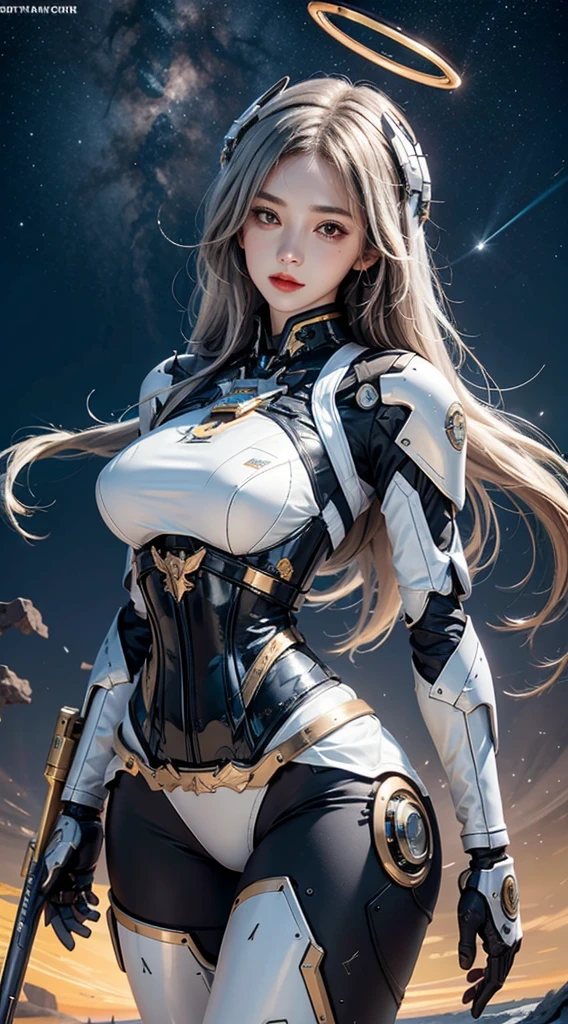 create an image of the female Space Cop,Metal Hero, gold metal armor with white , with a red pentagram on the chest,without a helmet, lush body,breasts big
