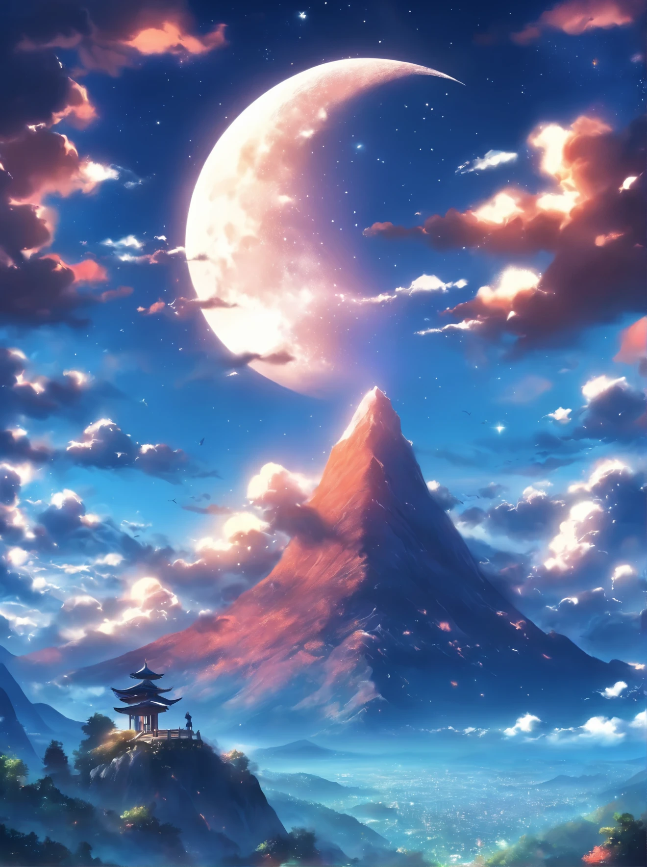 a crescent in the sky with clouds and a mountain in the background, a matte painting by Muggur, flickr, hurufiyya, moonlit night dreamy atmosphere, beautiful moonlight night, moonlit night sky, beautiful moonlight, moonlit backdrop, beautiful moon light, moonlit night, crescent moon in background, moonlit nightscape, night sky with moon