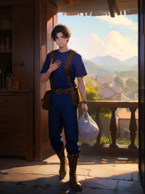 masterpiece, best quality, rpg character art, epic fantasy art style, 1 man, Aldric, 18 year old man, youthful appearance, skinny, normal build, smiling and waving to villagers, full body fantasy concept art, short dark black hair, black eyes, high detail, (common clothes, plain light brown short sleeve shirt, dark blue pants, black boots, small bag strapped across his chest), intricate details, ultra high resolution, sharp focus, HD, 8k, clear facial features, clear details, background is a vibrant village full of villagers, zoomed out view, looking away from viewer and at villagers