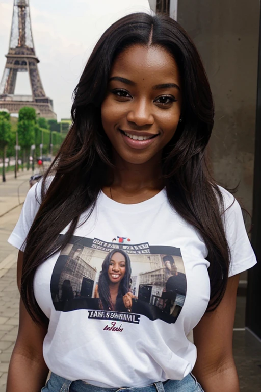 A beautiful woman from Ghana, sehr schlank, sexy, with long hair and big breasts, with T-shirt and Jens on the Eiffel Tower and smiling