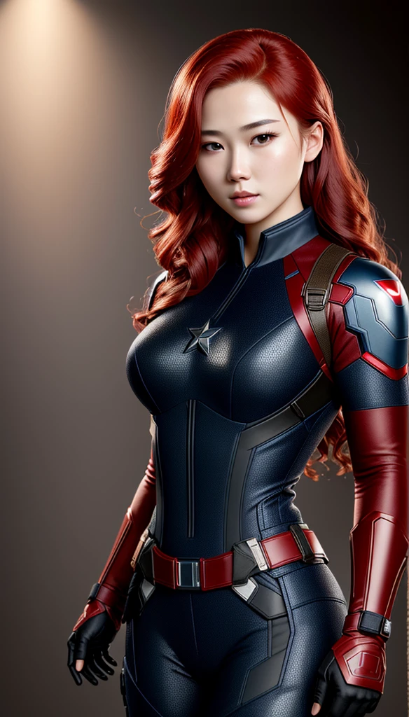 (masterpiece), (best quality), (photorealistic:1.3), 8k, detailed skin texture, detailed cloth texture, beautiful detailed face, intricate details, ultra detailed, Sakura naruto, Black Widow in the style of the Captain America, straight red hair, (full-length body:1.2)