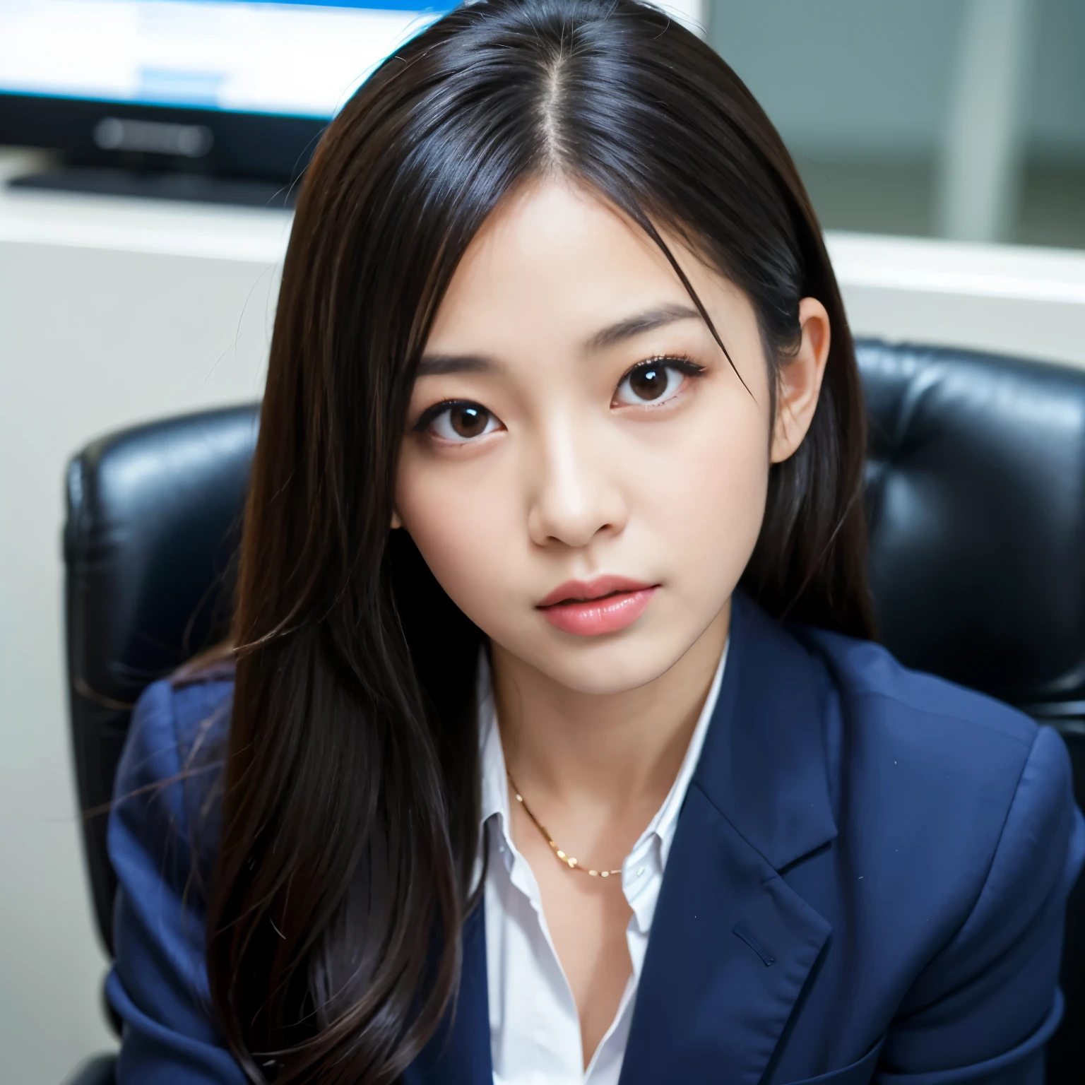 (Best-quality, Masterpiece, Ultra-High-Resolution, (Photorealistic:1.4), Raw Photo, depth of field, professional lighting, perfect anatomy, extremely details), 1girl, 15-years-old, the most famous Japanese idol, portrait, sitting on business chair at office, wearing business suit, extremely cute face like the most popular Japanese idol, extremely beautiful big-black-eyes, extremely beautiful hair, extremely beautiful skins, extremely beautiful long-eyelashes, extremely beautiful lips, looking at viewer, ((feeling very strong sexual arousal and very strong sexual pleasure)), detailed office, detailed business-suit, detailed business-chair