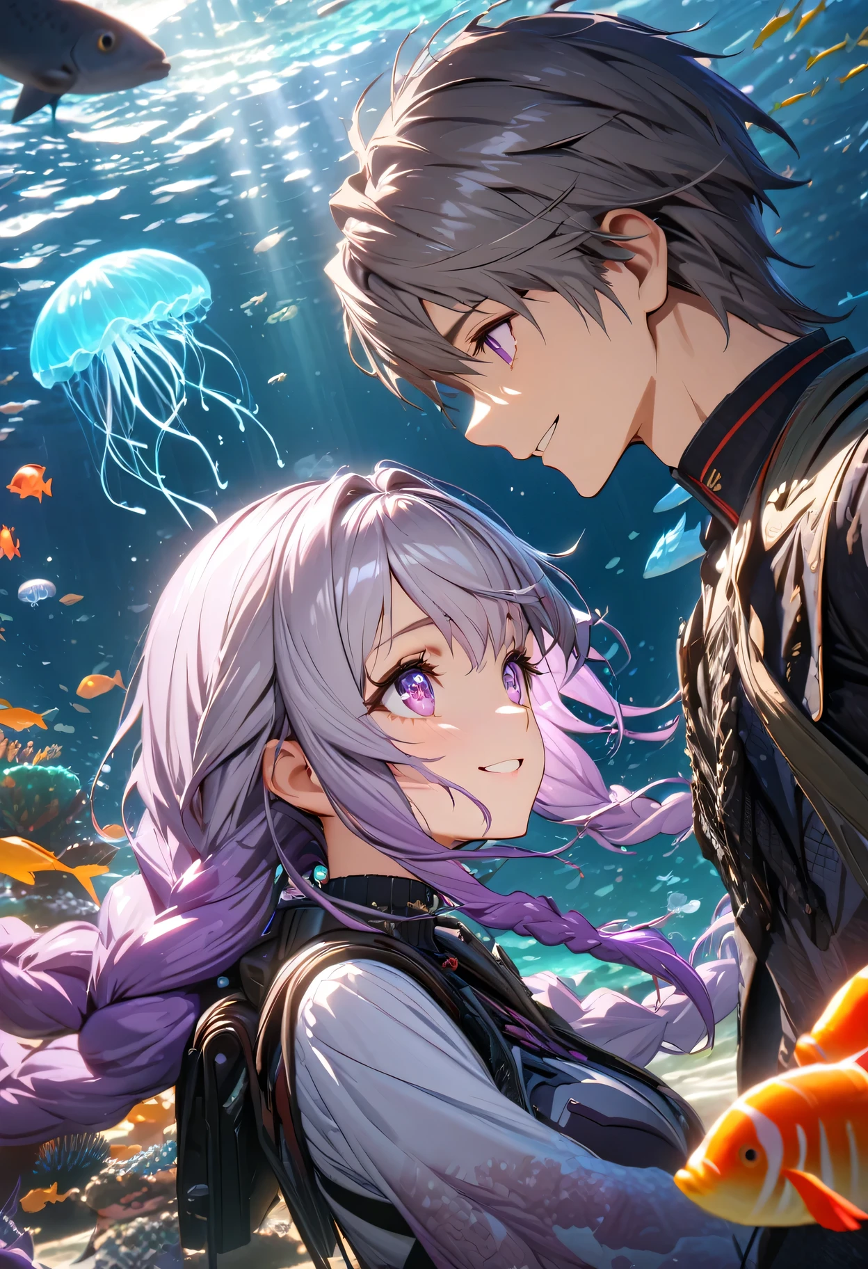 masterpiece, best quality, (Very detailed CG Unity 8k wallpaper), (best quality), (Best Illustration), (Best shadow), Ocean theme with natural elements,  (A couple, beautiful girl and boy), Big watery eyes, Look at each other, purple hair,purple eyes,very long hair,grey hair,double braid,gradient hair, Smile, Beautiful Face,Glowing jellyfish, Surrounded by fish, Luminous Particle Effects,Marine plants, Glowing algae, coral, (Particle Effects), Octane Rendering, Ray Tracing, Super detailed