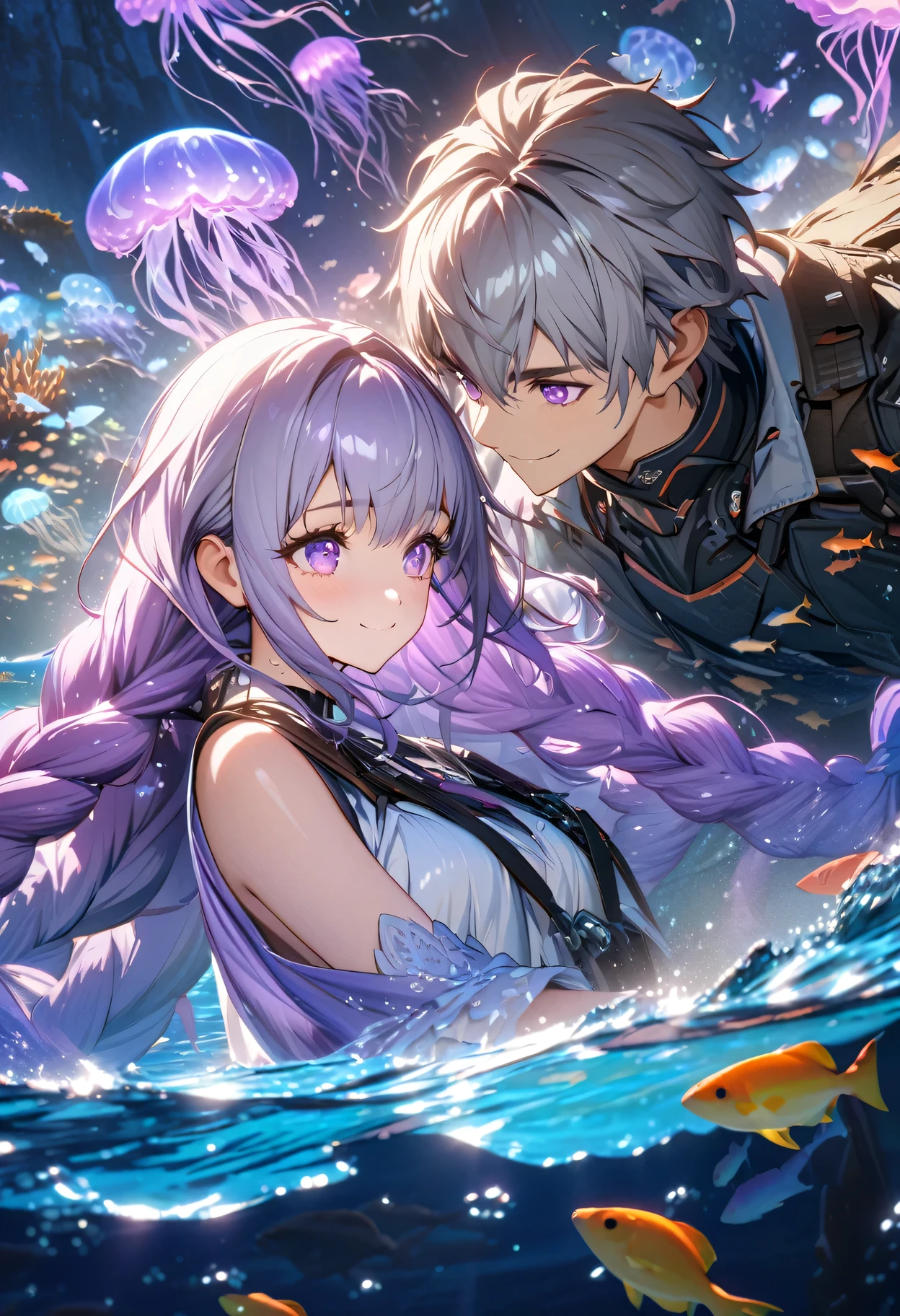 masterpiece, best quality, (Very detailed CG Unity 8k wallpaper), (best quality), (Best Illustration), (Best shadow), Ocean theme with natural elements,  (A couple, beautiful girl and boy), Big watery eyes, Look at each other, purple hair,purple eyes,very long hair,grey hair,double braid,gradient hair, Smile, Beautiful Face,Glowing jellyfish, Surrounded by fish, Luminous Particle Effects,Marine plants, Glowing algae, coral, (Particle Effects), Octane Rendering, Ray Tracing, Super detailed