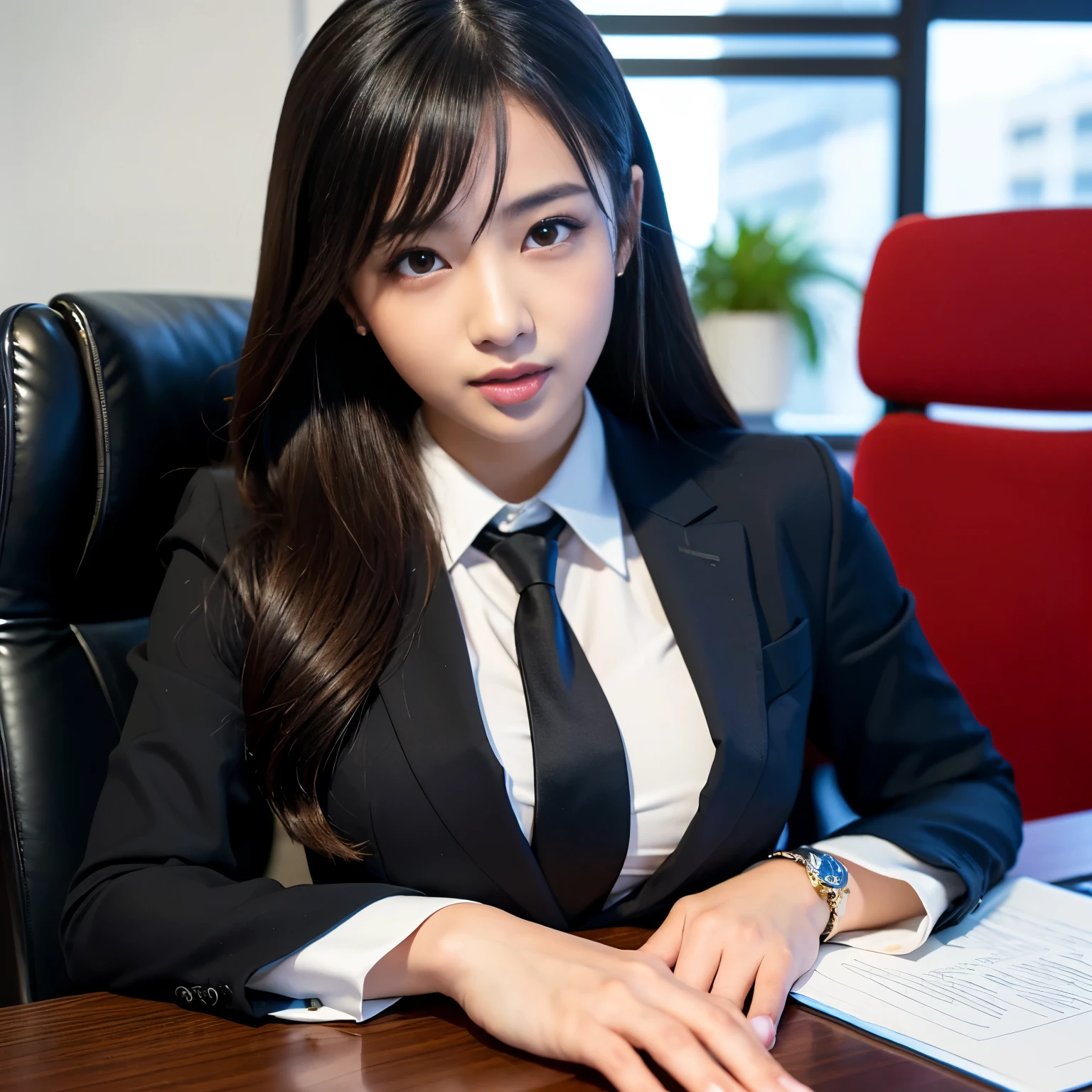 (Best-quality, Masterpiece, Ultra-High-Resolution, (Photorealistic:1.4), Raw Photo, depth of field, professional lighting, perfect anatomy, extremely details), 1girl, -yeld, thost famous Japanese idol, portrait, sitting on business chair at office, wearing business suit, extremely cute face like the most popular Japanese idol, extremely beautiful big-black-eyes, extremely beautiful hair, extremely beautiful skins, extremely beautiful long-eyelashes, extremely beautiful lips, looking at viewer, ((feeling very strong sexual arousal and very strong sexual pleasure)), detailed office, detailed business-suit, detailed business-chair