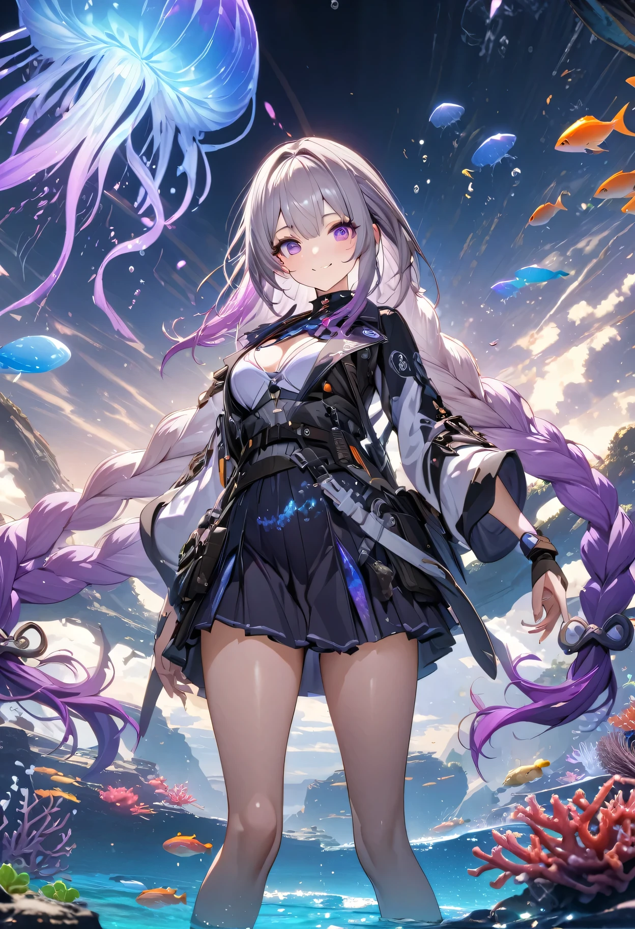 masterpiece, best quality, (Very detailed CG Unity 8k wallpaper), (best quality), (Best Illustration), (Best shadow), Ocean theme with natural elements, yinji , 1 Girl, purple hair,purple eyes,very long hair,grey hair,double braid,gradient hair, Smile, Beautiful Face,Glowing jellyfish, Surrounded by fish, Luminous Particle Effects,Marine plants, Glowing algae, coral, (Particle Effects), Octane Rendering, Ray Tracing, Super detailed