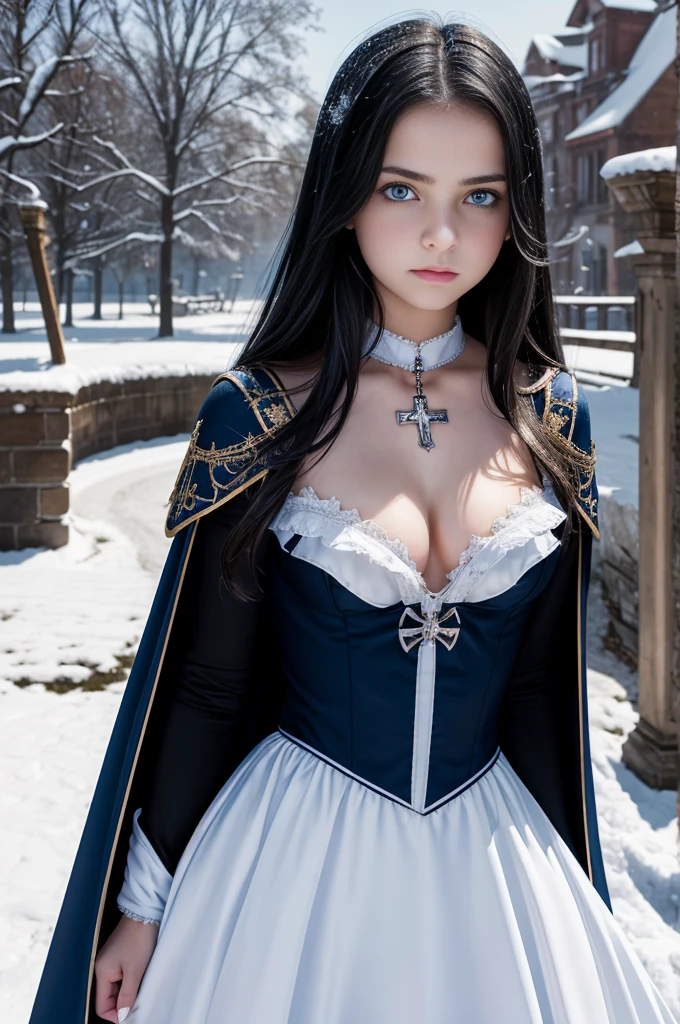girl, evil, teen(1.3),13 yearsirl, very smaleats, black hair and blue eyes, detailed face, angelical face,cleavage, small breasts, dress with cape, desing with christian cross ,background in snow in prussia