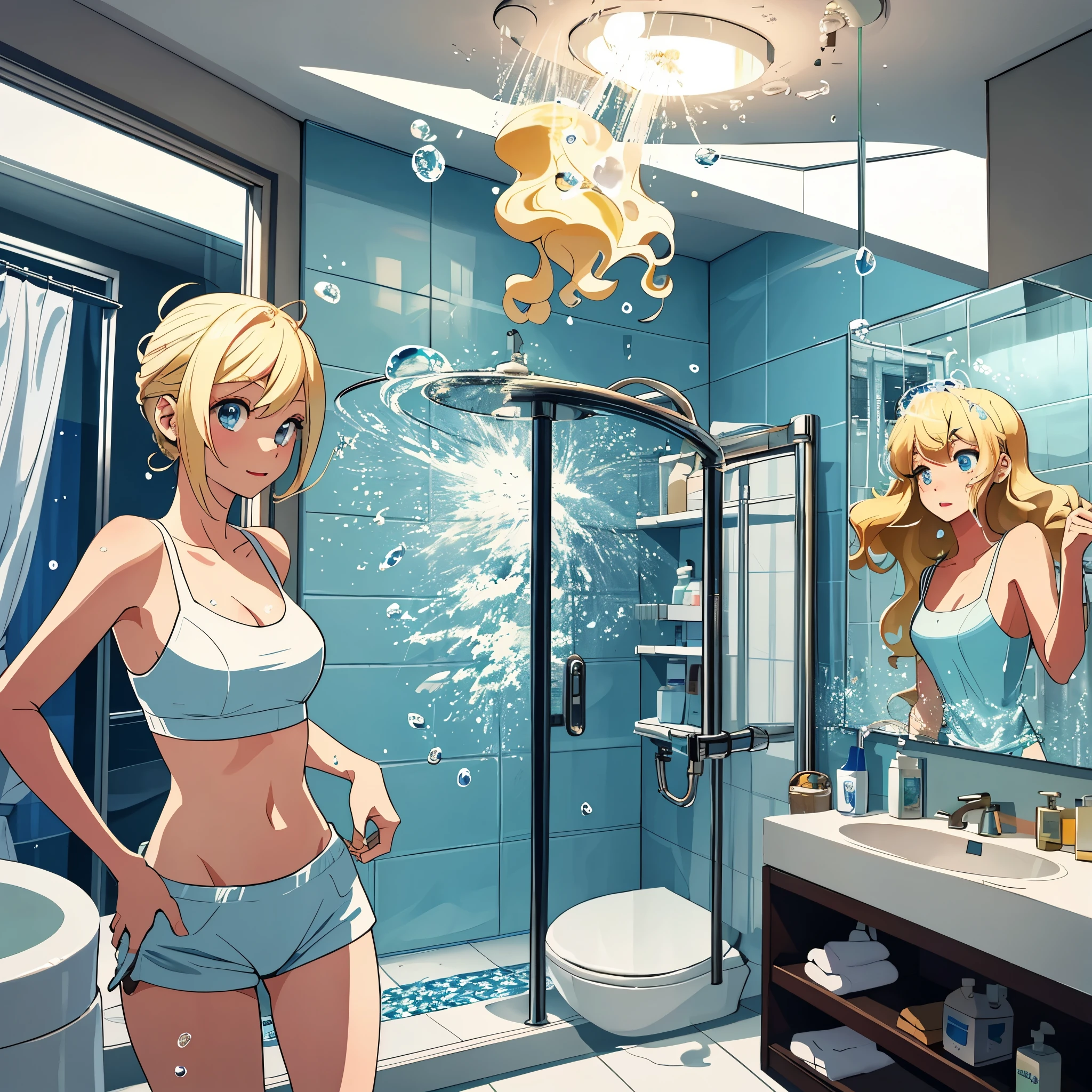 A ditzy gorgeous blonde with an amazing figure is taking a shower in her apartment bathroom. She is unaware as an alien creeps up on her. A UFO is hovering outside her window. The blonde is singing and dancing along to 'Oops I did it again' and very soaped and bubbled up